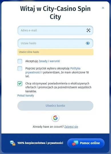 Rejestracja - Spin City casino